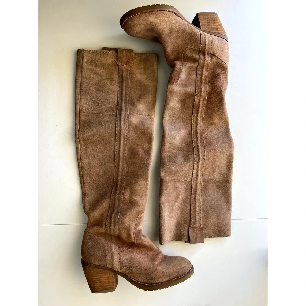 Report Belzer Over The Knee Boots Women's 6.5 Tan Suede Stacked Wood Heel